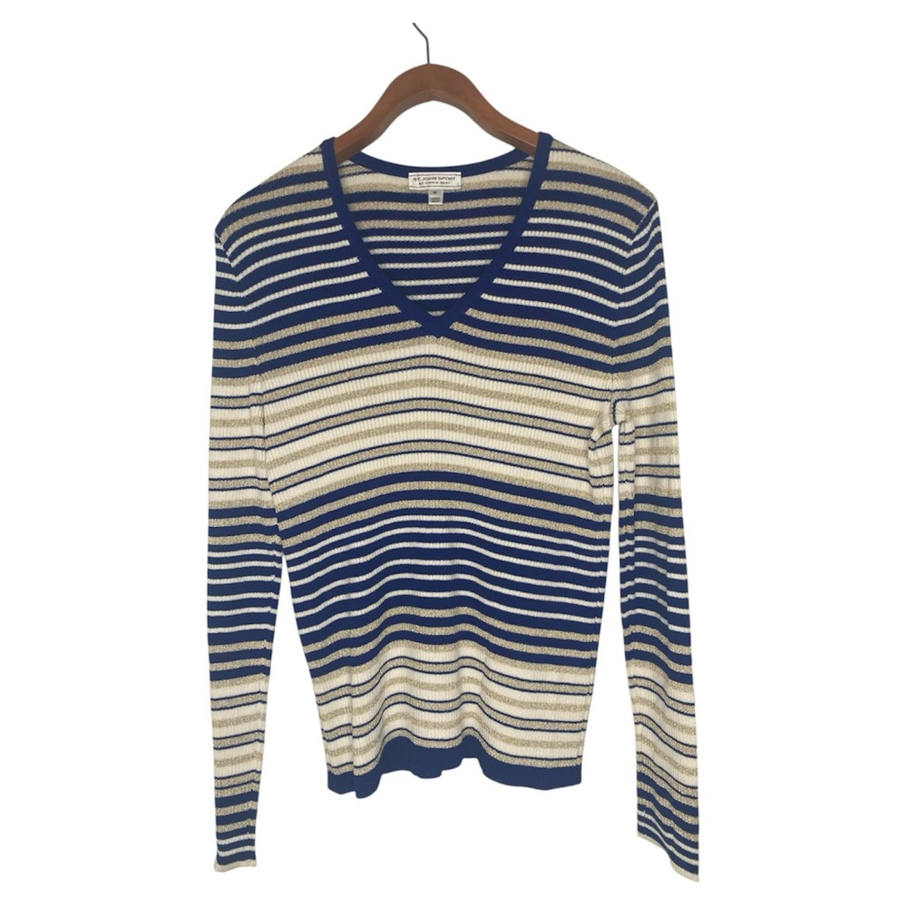 St. John Sport By Marie Gray Blue and Gold Knit Long Sleeve Stipe Sweater Size M